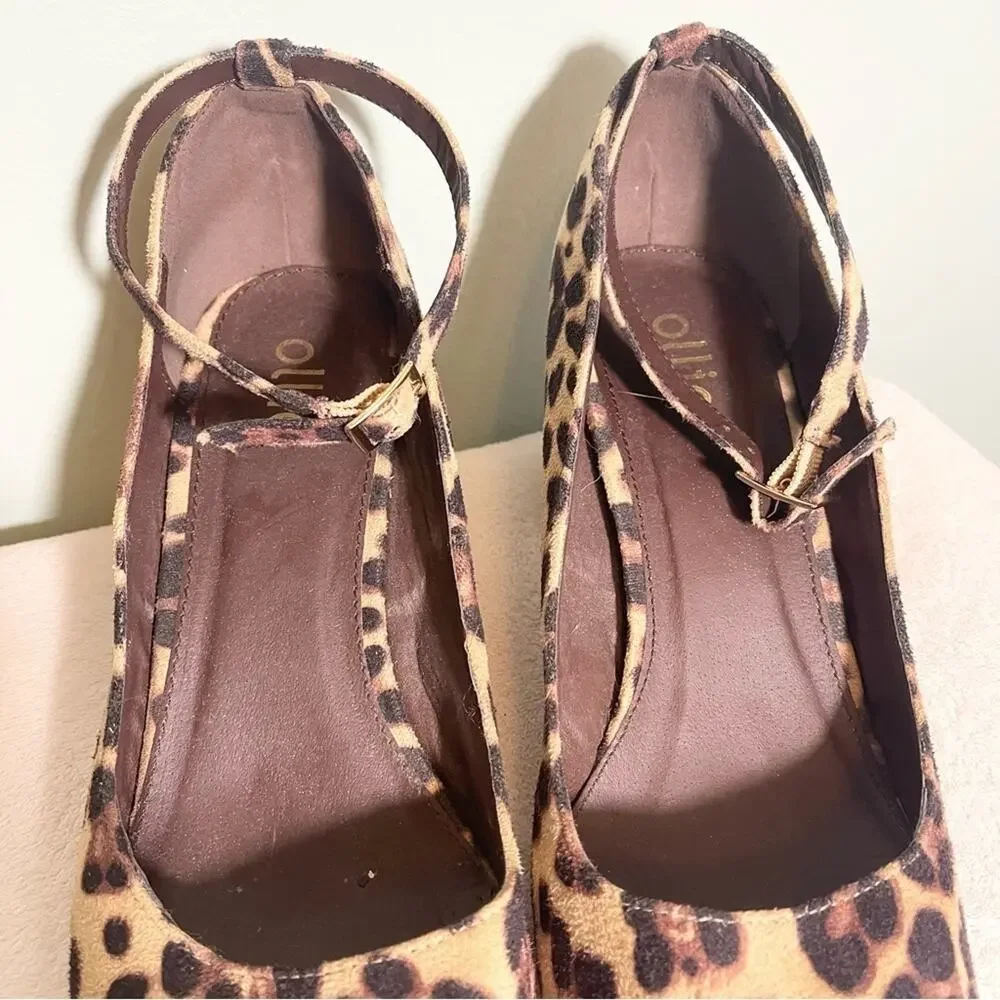Ollio Women's Brown Leopard Faux Suede Chunky Mid-Heel Ankle Strap Pumps Size 9